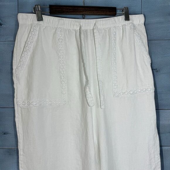 Joie Wide Leg 100% Linen Pants Large White Boho Elastic Waist Pull On Cropped - Picture 3 of 8